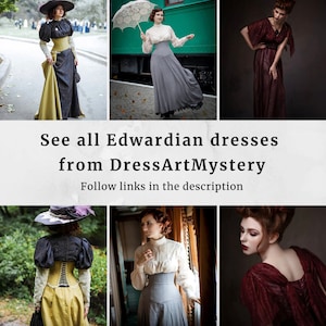 Puede incluir: Cinco mujeres vistiendo diferentes vestidos de la era eduardiana. Los vestidos son de varios colores, incluyendo negro, gris, marr&oacute;n y rojo. Las mujeres est&aacute;n posando en diferentes escenarios, incluyendo un parque, una estaci&oacute;n de tren y una habitaci&oacute;n con una ventana. El texto "See all Edwardian dresses from DressArtMystery" se muestra en la imagen.