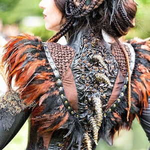 Couture gothic costume, Horned costume with feather bolero, skirt and cupped corset, Harpy Sirin demon look image 4