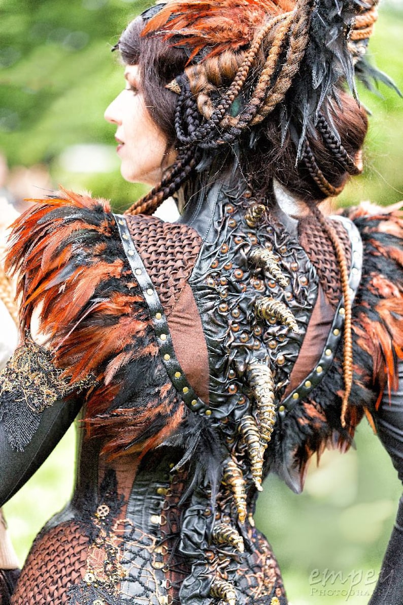 Couture gothic costume, Horned costume with feather bolero, skirt and cupped corset, Harpy Sirin demon look image 4