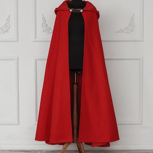 Vegan wool cloak with hood, Medieval fantasy hooded cloak, Red hooded cape, LARP costume