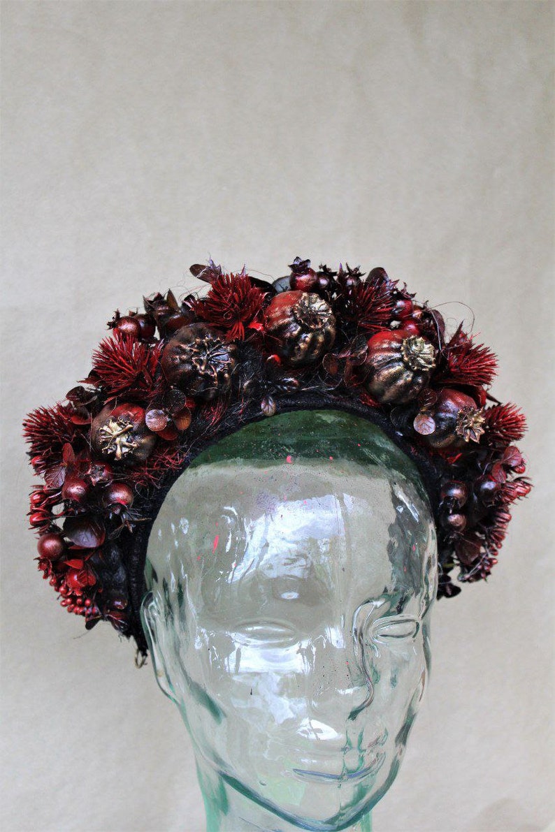 Floral witch headdress, Pagan headpiece, Flower crown, LARP fantasy costume, Gothic headdress, Flower wreath headband image 2
