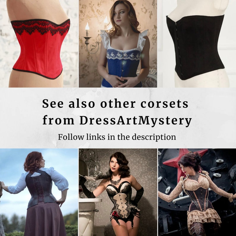 May include: A collage of six images showcasing different styles of corsets. The corsets are in various colours, including red, blue, black, and white. Some corsets feature lace detailing, while others have a more simple design. The text "See also other corsets from DressArtMystery Follow links in the description" is displayed in the centre of the collage.