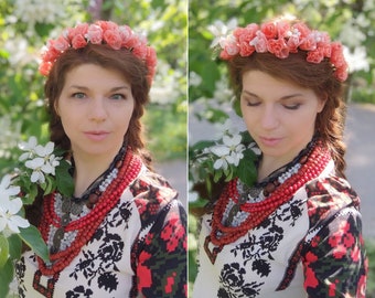Ukrainian headdress , Wax flowers bridal headdress, Floral wedding headpiece, Ukrainian head wreath, Pink floral Headband