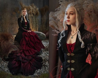 Fairy Dragon style costume, Gothic Black and Red Dress Taffeta and Jacquard Renaissance Faire Gown, Ren Faire dress, Made to order