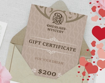 Gift card for DressArtMystery costumes, Gift Voucher for 200 dollars, Last minute present, Surprise Gift