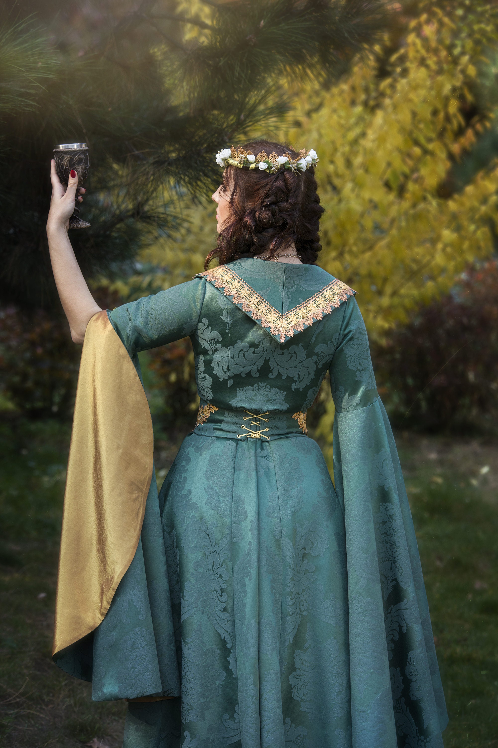 green emerald velvet dress Girl's Elf Costume Princess Fairy Outfit Halloween Party Fancy Dress