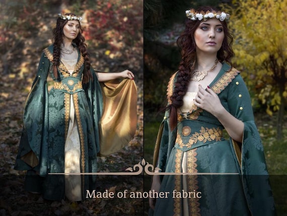 green emerald velvet dress Medieval Dress Women Long Sleeve Maxi Robe Vintage Fairy Elven Dress R