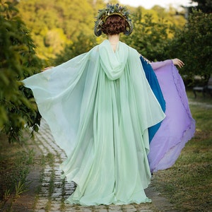 Light green tulle cape, Sheer hooded cloak, Mint wicca cloak with hood, Fantasy elven cape, LARP costume, Halloween USA domestic shipping image 1