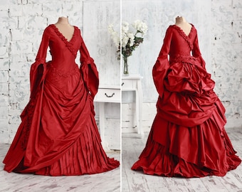 Red Victorian ballroom dress, Mina's dress, Dracula Bram Stoker, Vampire gown, Luxurious silk dress, Carnival costume