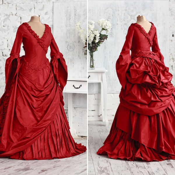 Red Victorian ballroom dress, Mina's dress, Dracula Bram Stoker, Vampire gown, Luxurious silk dress, Carnival costume