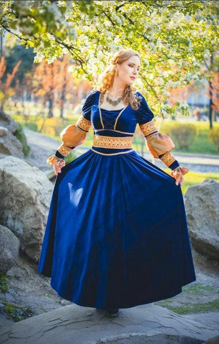 blue velvet medieval dress Elven Blue Velvet Bell Sleeve Dress S
