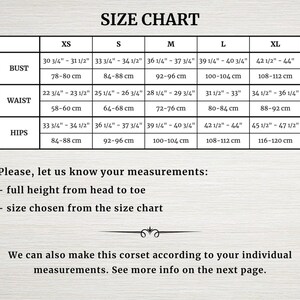 May include: Size chart for a garment with measurements in inches and centimetres for bust, waist, and hips. Sizes include XS, S, M, L, and XL.