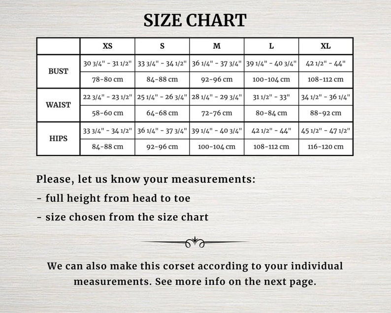 May include: Size chart for a garment with measurements in inches and centimetres for bust, waist, and hips. Sizes include XS, S, M, L, and XL.