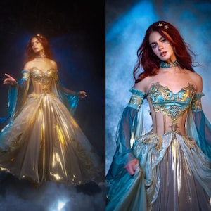 Summer Court fantasy mermaid dress with golden plates, Acotar Ball Gown, Fairy Elven wedding dress, Ren Faire costume, Made to order