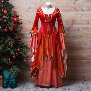 Fantasy Phoenix Dress, Autumn fairy dress, Priestess dress, Red gothic wedding dress, Ren faire dress