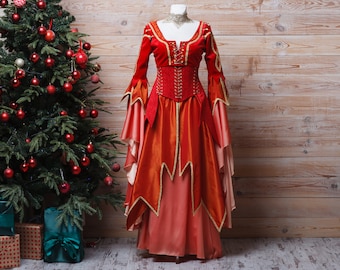 Fantasy Phoenix Dress, Autumn fairy dress, Priestess dress, Red gothic wedding dress, Ren faire dress