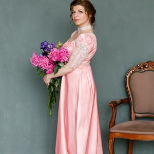 Ready to ship. Rose silk Regency gown, Regency dress, Bridgerton style empire waist dress, Pride and Prejudice Jane Austen