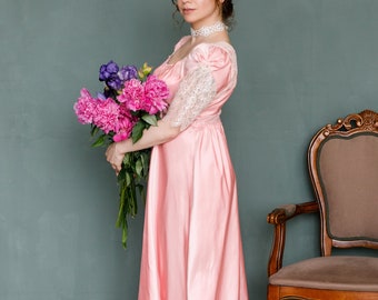 Ready to ship. Rose silk Regency gown, Regency dress, Bridgerton style empire waist dress, Pride and Prejudice Jane Austen