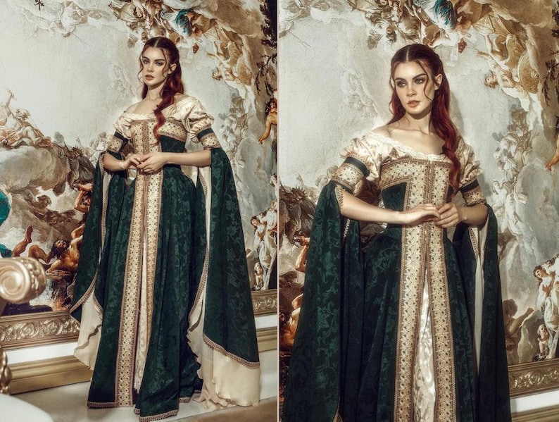 Italiaanse renaissance courtisanejurk, Renaissance Faire-kostuum, Renaissance-trouwjurk, 16e eeuw, Ren Faire-jurk Green