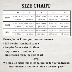 Op de afbeelding: Maattabel voor kleding met metingen in inches en centimeters. Borst-, taille- en heupmaten zijn vermeld voor maten XS, S, M, L en XL.