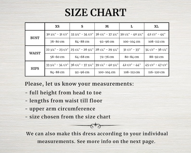 Op de afbeelding: Maattabel voor kleding met metingen in inches en centimeters. Borst-, taille- en heupmaten zijn vermeld voor maten XS, S, M, L en XL.