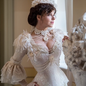 Victorian lace dress, Retro wedding dress, Lace bolero, overbust corset and godet skirt