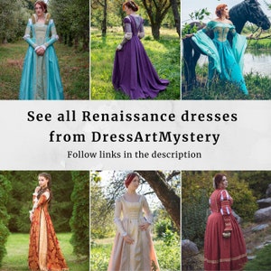 Op de afbeelding: Een collage van zes afbeeldingen met vrouwen die Renaissance-jurken dragen in verschillende kleuren, waaronder turquoise, paars, cr&egrave;me, rood en goud. De jurken zijn allemaal lang en zwierig, met ingewikkelde details en versieringen. De vrouwen staan in verschillende poses, sommigen met hun handen op hun heupen, anderen met gekruiste armen. De afbeeldingen zijn tegen een achtergrond van weelderig groen.