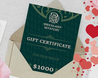 Gift card for DressArtMystery costumes, Gift Voucher for 1000 dollars, Last minute present, Surprise Gift