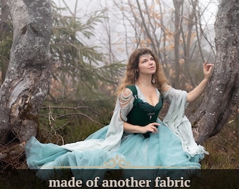 Conjunto de vestido de fantasía élfica, vestido de algodón, corsé verde a la altura del busto, enagua de tul, disfraz de hada, disfraz para LARP, hecho a medida.