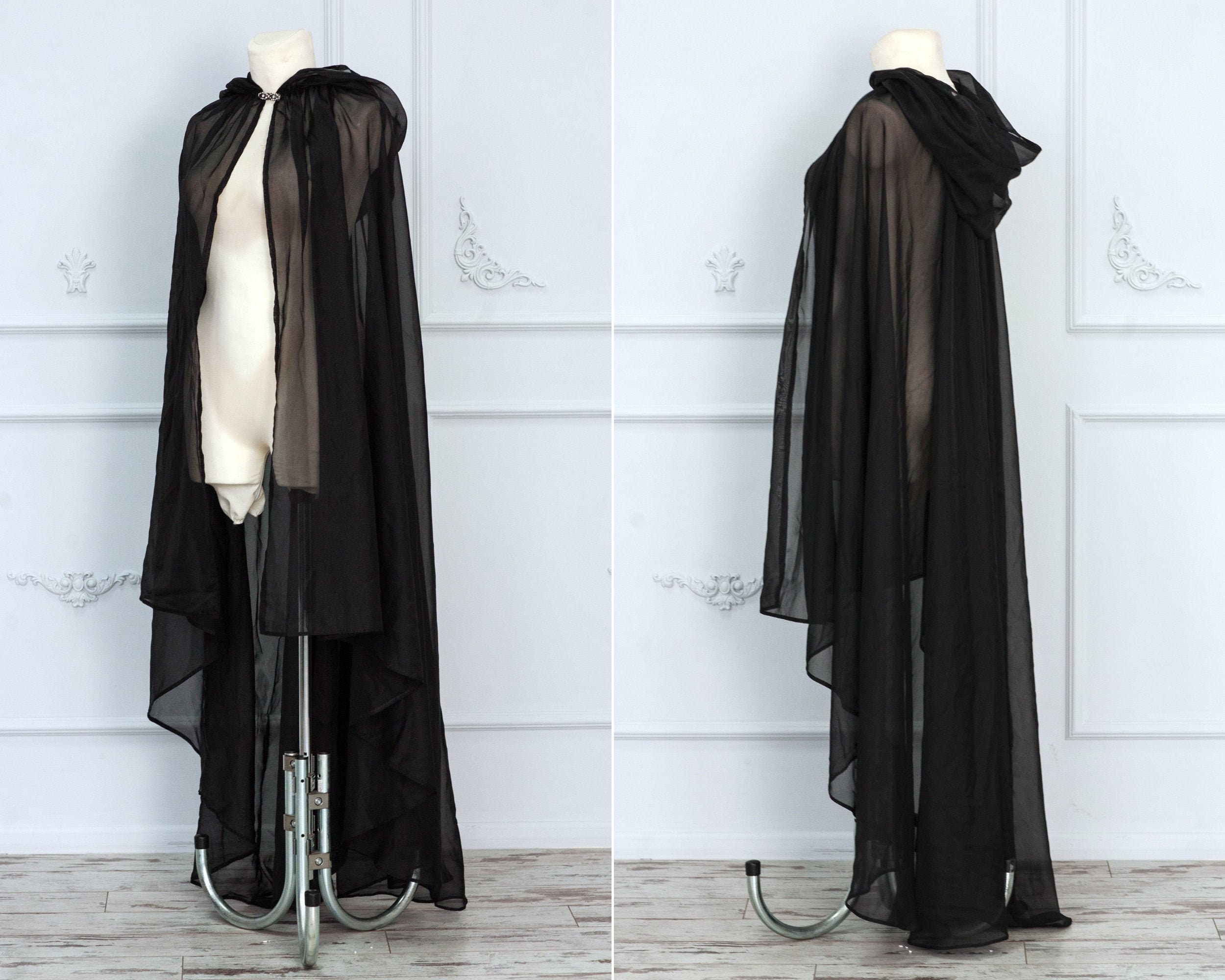 Black Tulle Cape, Sheer Hooded Cloak, Wicca Cloak, Fantasy Black Tulle Cape, Sheer Hooded Cloak, Wicca Cloak, Fantasy