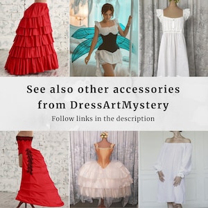 May include: A collage of images showcasing different styles of petticoats, including a red ruffled petticoat, a white petticoat with lace trim, and a white petticoat with a tulle overlay. The text "See also other accessories from DressArtMystery Follow links in the description" is displayed below the images.