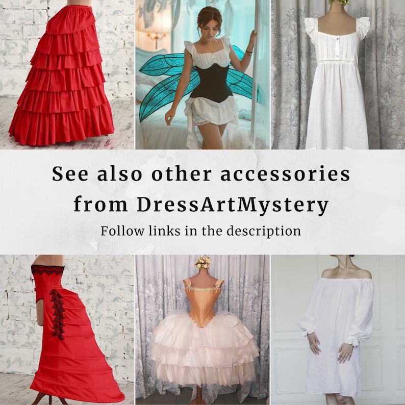 May include: A collage of images showcasing different styles of petticoats, including a red ruffled petticoat, a white petticoat with lace trim, and a white petticoat with a tulle overlay. The text "See also other accessories from DressArtMystery Follow links in the description" is displayed below the images.