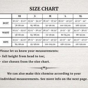 May include: Size chart for clothing with measurements in inches and centimetres. Bust, waist, and hip measurements are listed for sizes XS, S, M, L, and XL.