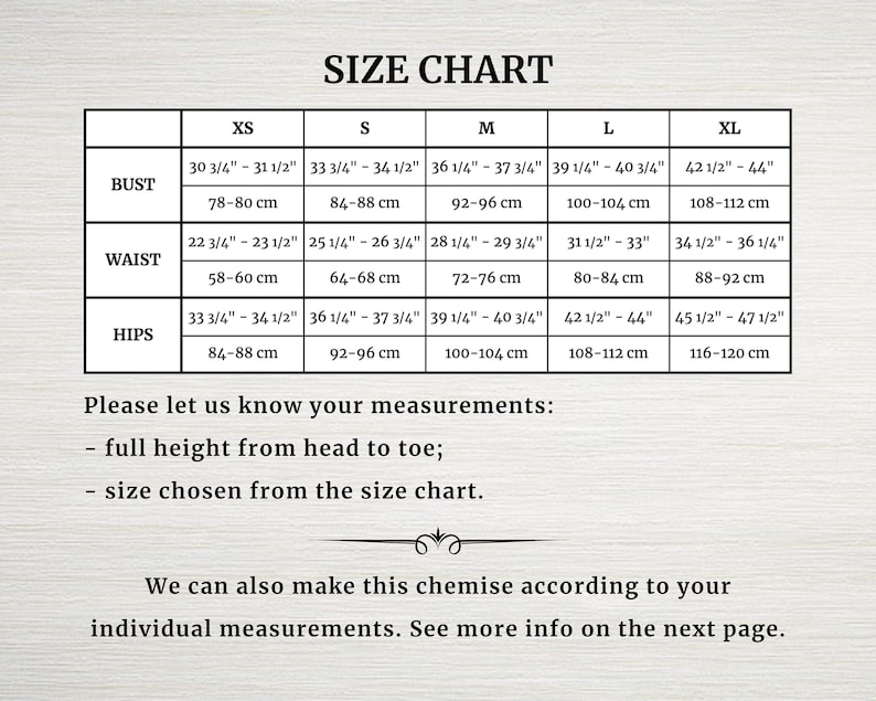 May include: Size chart for clothing with measurements in inches and centimetres. Bust, waist, and hip measurements are listed for sizes XS, S, M, L, and XL.