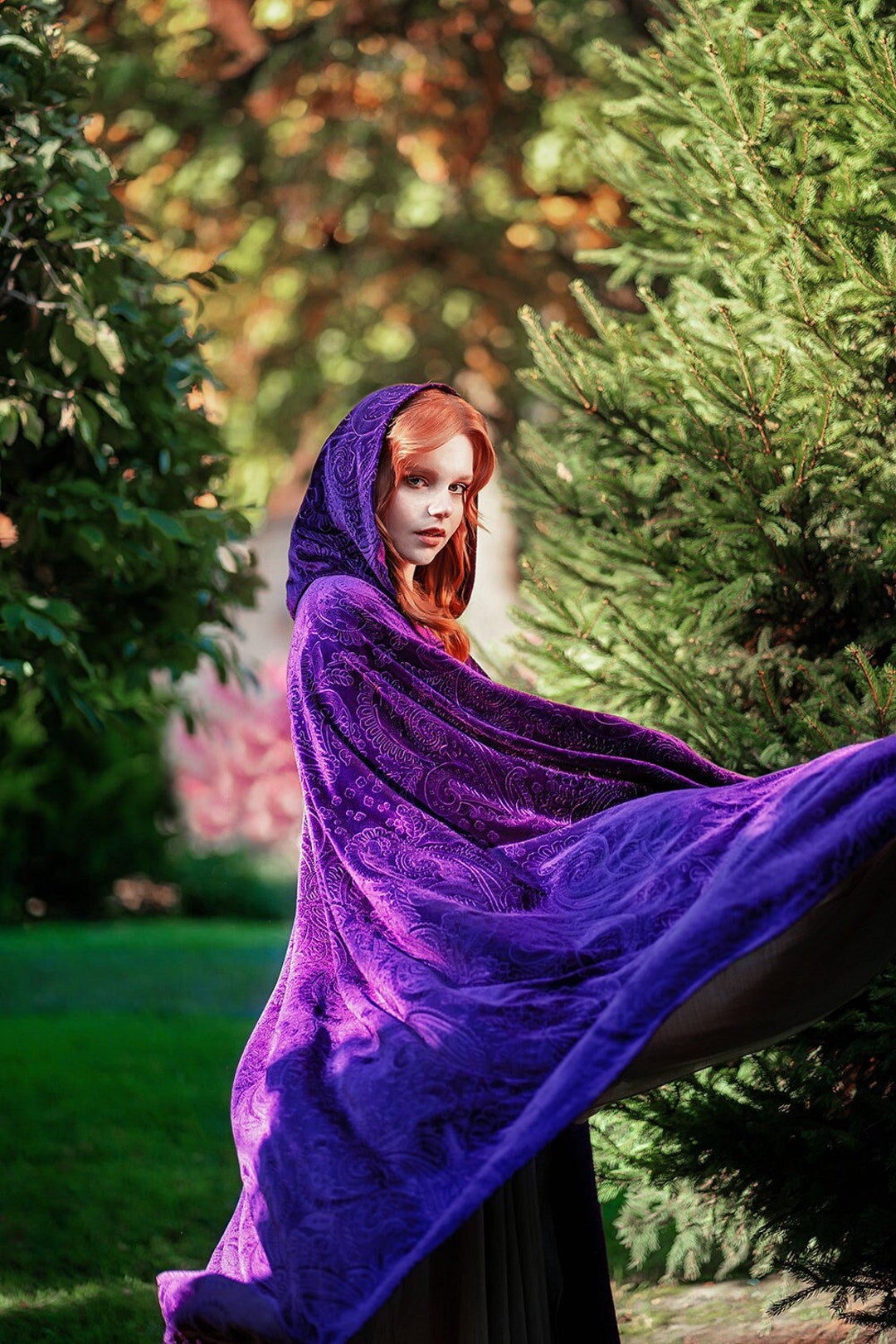 Velvet Fantasy Cape, Purple Hooded Cloak, LARP Costume, Halloween