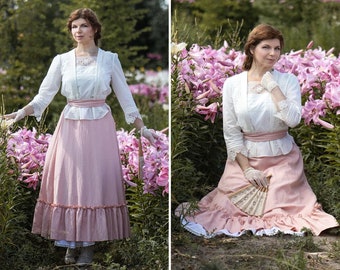 Edwardian style costume, Cottage core prairie dress, Cotton skirt with belt, Cotton lace shirt