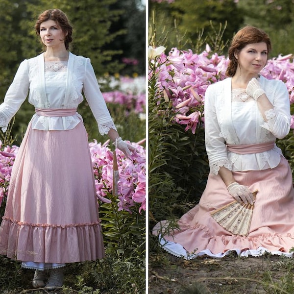 Edwardian style costume, Cottage core prairie dress, Cotton skirt with belt, Cotton lace shirt