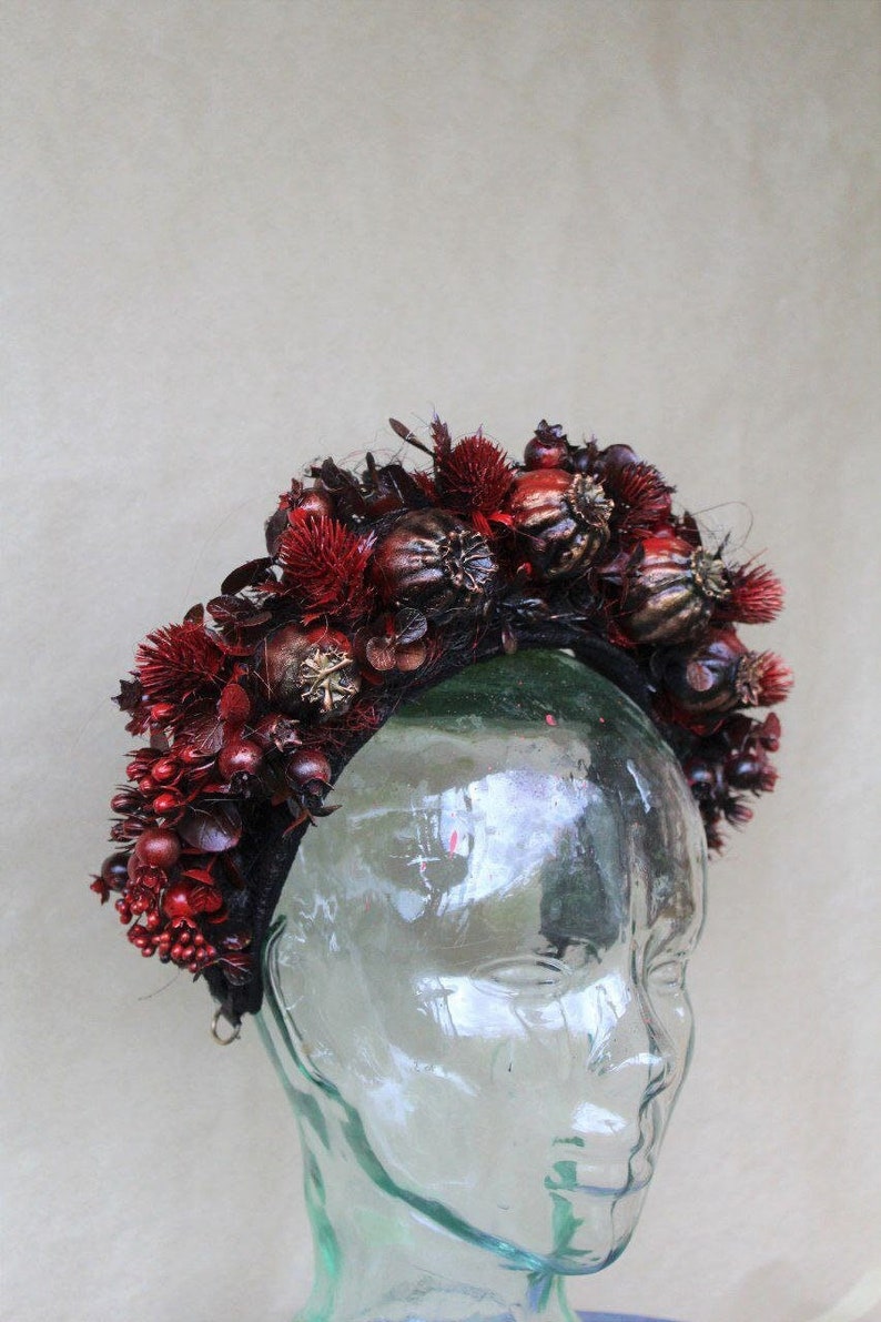 Floral witch headdress, Pagan headpiece, Flower crown, LARP fantasy costume, Gothic headdress, Flower wreath headband image 1