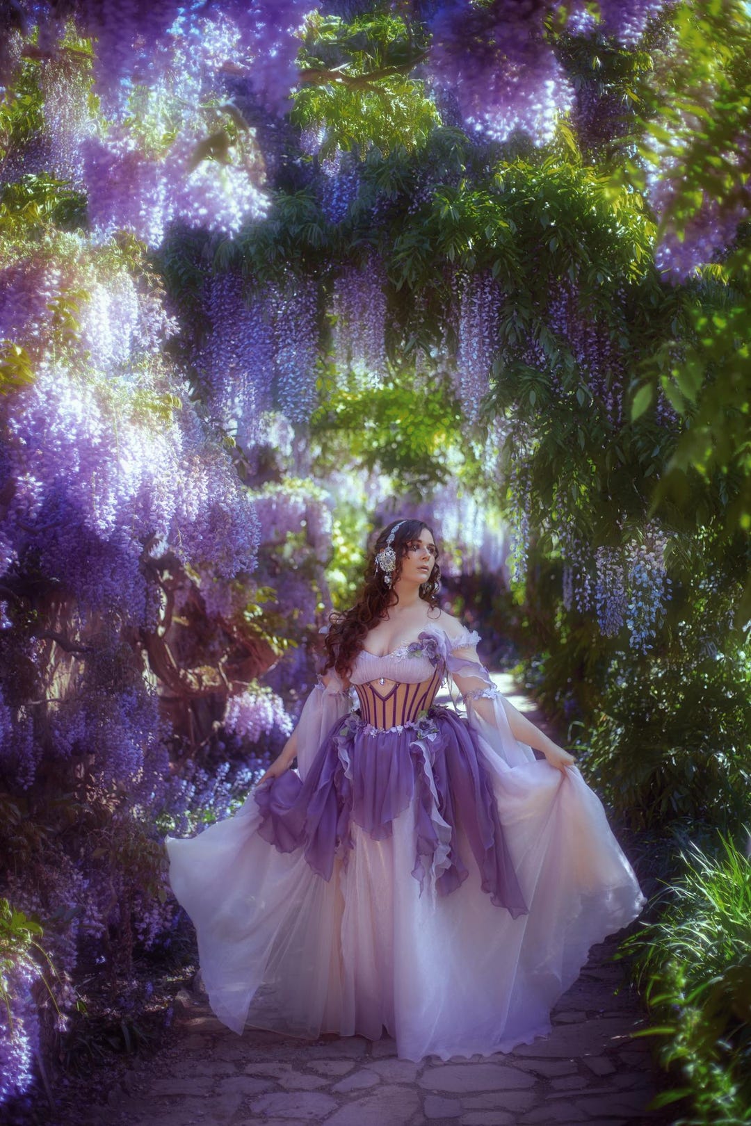 wisteria purple dress Fantasy Wisteria dress, Fairy Elven wedding dress, Purple Tulle Gown with Handmade Flowers, Ren Faire costume, Made to order