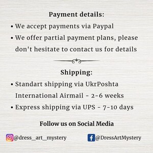 Op de afbeelding: Betalingsgegevens voor een Etsy-winkel, inclusief informatie over het accepteren van betalingen via PayPal en het aanbieden van betalingsplannen in termijnen. Verzendopties omvatten standaard verzending via UkrPoshta met een geschatte levertijd van 2-6 weken en expressverzending via UPS met een geschatte levertijd van 7-10 dagen. De sociale media-handvatten van de winkel zijn ook inbegrepen: @dress_art_mystery op Instagram en @DressArtMystery op Facebook.