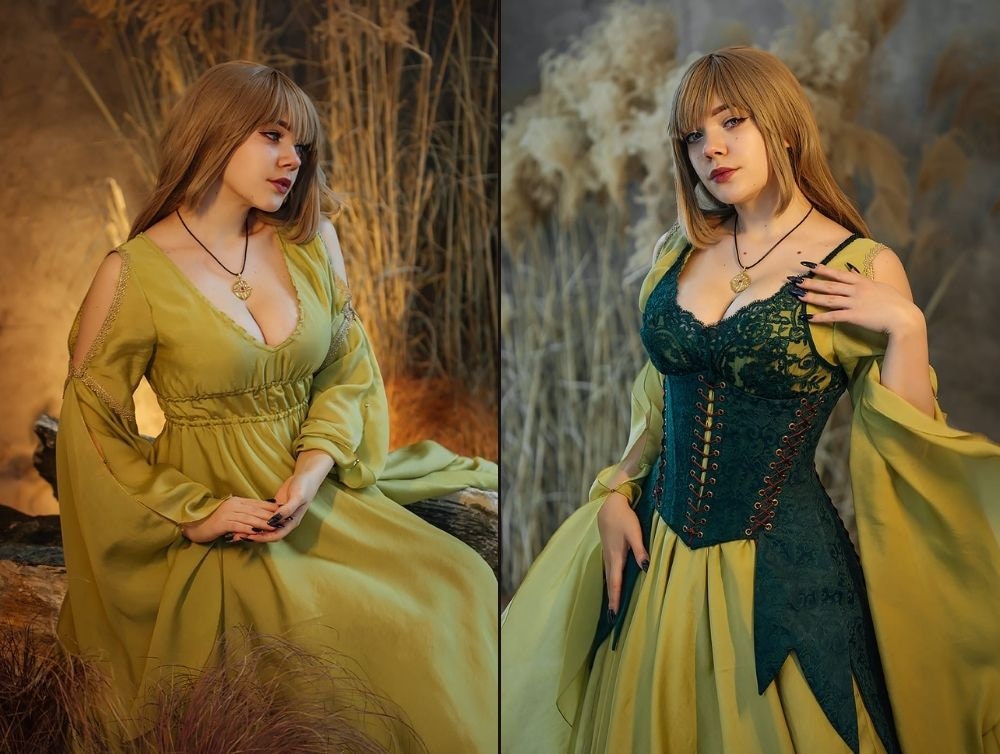 Green elvish fantasy dress, cottagecore cotton dress, Fairy costume, underbust jacquard corset, LARP costume, Made to order