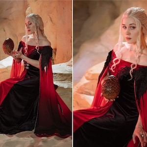 Gothic Fairy dragon style costume, Black and red fantasy gown with ombre chiffon sleeves, Velvet elven dress, Ren Faire dress, Made to order image 1