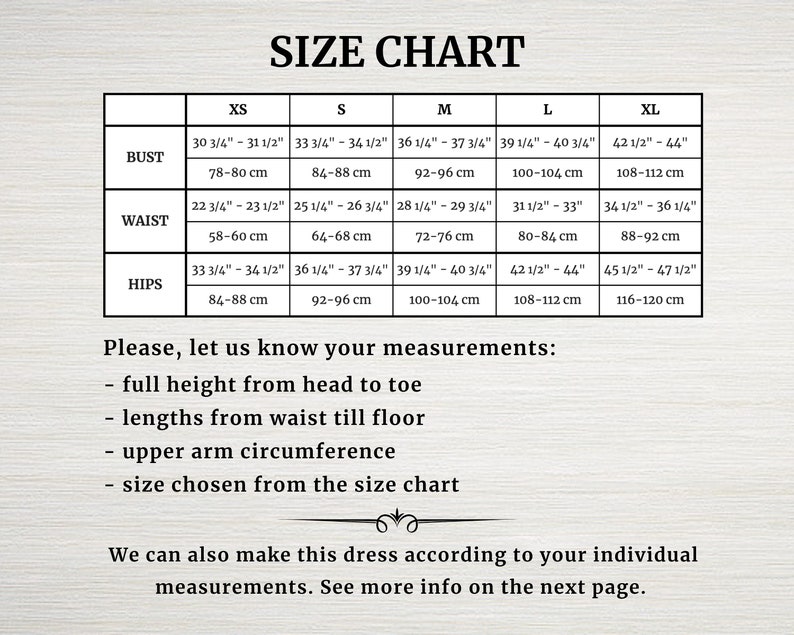 May include: Size chart for clothing with measurements in inches and centimeters. Bust, waist, and hip measurements are listed for sizes XS, S, M, L, and XL.