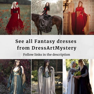 May include: A collage of six images featuring women wearing fantasy-inspired dresses. The first image shows a woman in a red dress standing in a field of red poppies. The second image shows a woman in a black dress riding a horse. The third image shows a woman in a red dress standing in front of a patterned wall. The fourth image shows a woman in a green dress standing in a forest. The fifth image shows a woman in a white dress standing in a forest. The sixth image shows a couple in a forest, the woman is wearing a white dress and the man is wearing a black robe. The text "See all Fantasy dresses from DressArtMystery Follow links in the description" is displayed below the images.