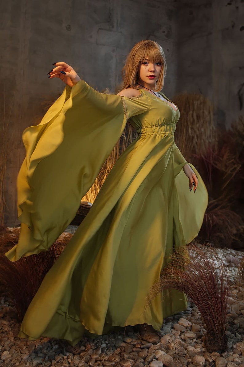 Green elvish fantasy dress, cottagecore cotton dress, Fairy costume, underbust jacquard corset, LARP costume, Made to order zdjęcie 5