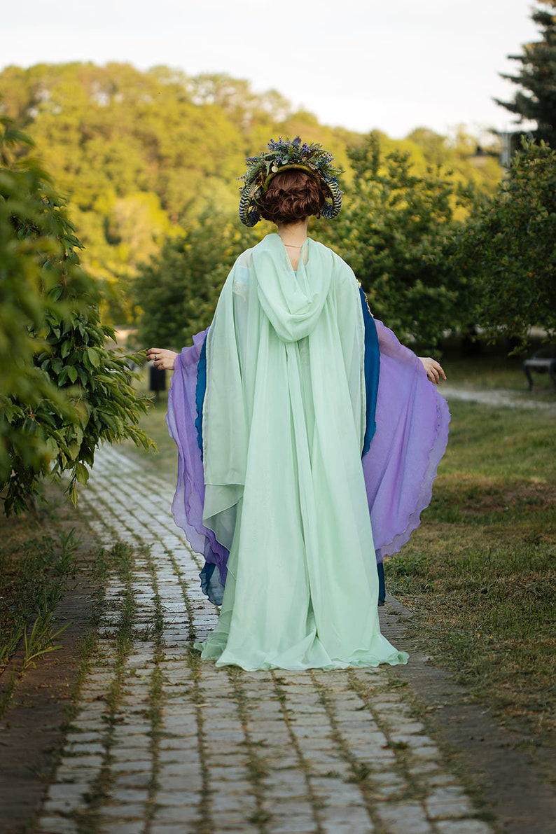 Light green tulle cape, Sheer hooded cloak, Mint wicca cloak with hood, Fantasy elven cape, LARP costume, Halloween USA domestic shipping image 2