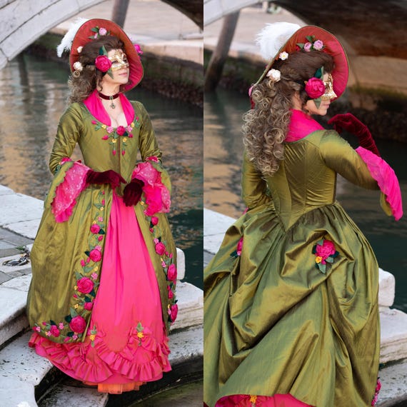 baroque green dress Style and Pink Silk | 18th Century Carnival Costume | Ready to Ship Chiffon dress