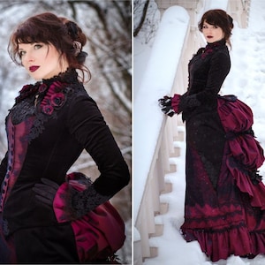 Victorian walking costume, Victorian wedding dress, Historical dress, Bustle skirt and velvet jacket, Carnival costume