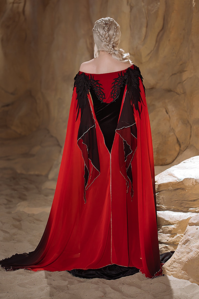 Gothic Fairy dragon style costume, Black and red fantasy gown with ombre chiffon sleeves, Velvet elven dress, Ren Faire dress, Made to order image 4