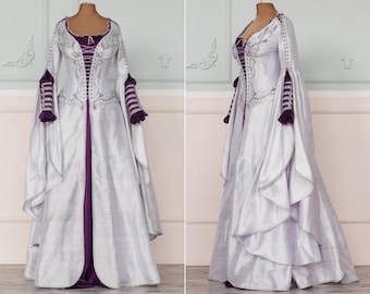 Vestido de fantasía, vestido de novia élfico de seda, bordado a mano, feria renacentista, vestido de feria renacentista